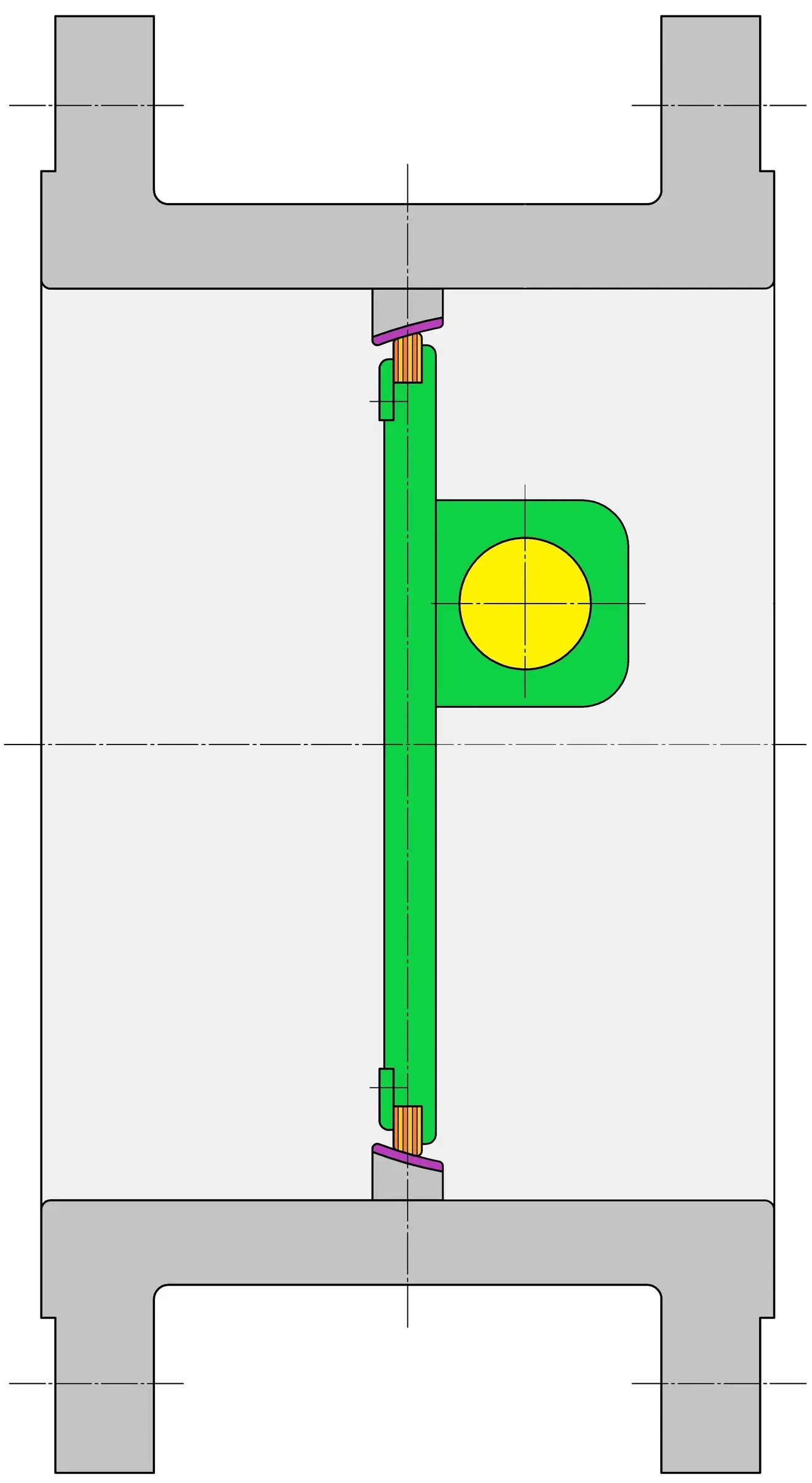 Dessin en coupe d’un composant mécanique avec des pièces vertes et grises et un marquage jaune