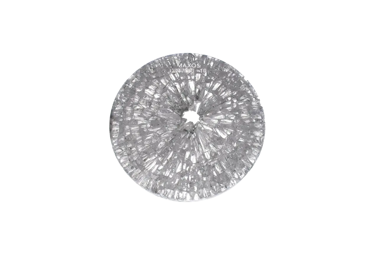 Disque circulaire transparent avec une surface structurée qui scintille et reflète la lumière.