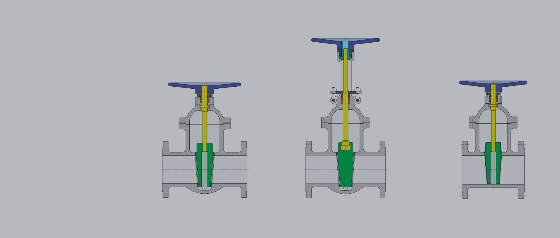 Technische illustratie van drie verschillende typen kleppen.