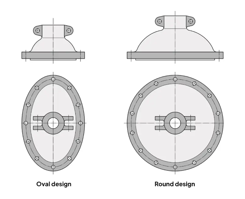 Illustratie van twee verschillende bouwvormen: een ovale (links) en een ronde (rechts) vorm, respectievelijk van boven bekeken.